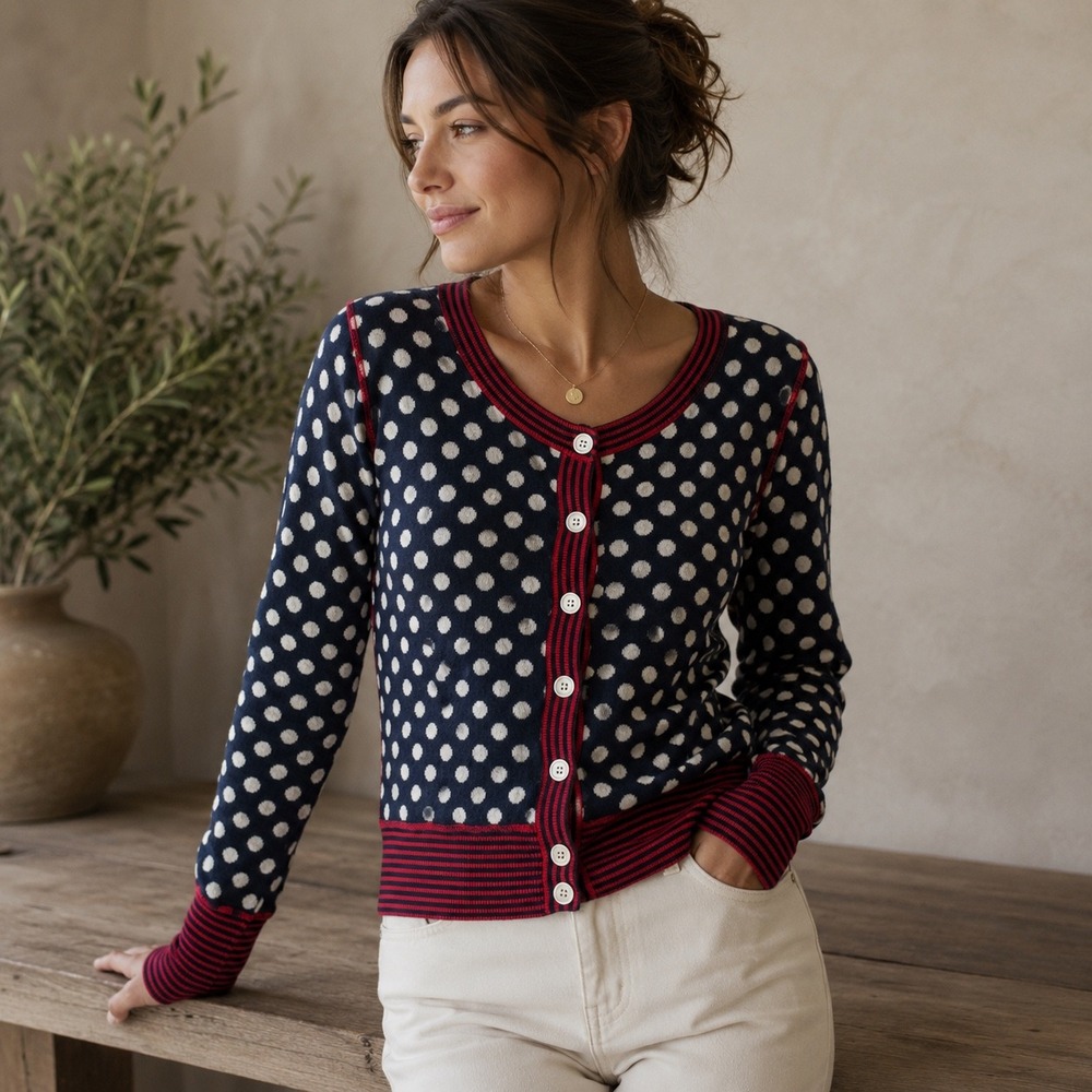 Neve Polka Dot Cardigan Women Size M Navy Blue Red Striped Trim Cotton Sweater